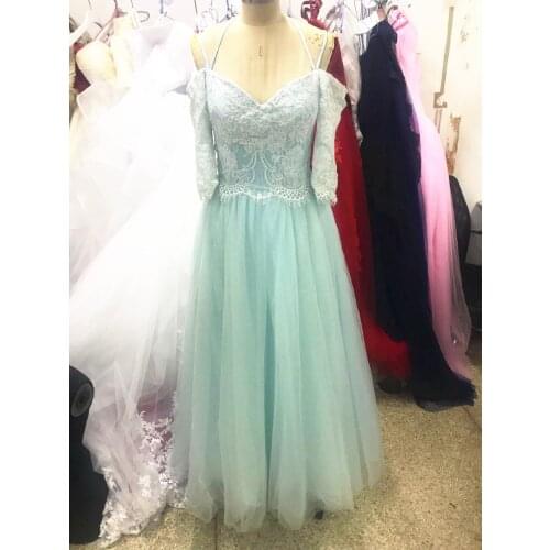 2020 cheap Prom Dresses Robe De Soiree A Line Evening Formal Gown lace three quarter Sleeves prom Dress