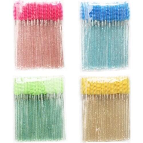 50pcs Disposable Crystal Handle Nylon Head Eyelash Brush Portable Beauty Makeup Tool Grafting Eyelash Extension Eyebrow Comb