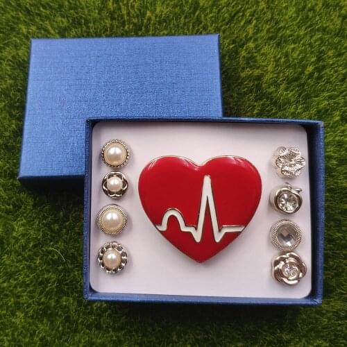 Twinkling Enamel Red Heart Electrocardiogram Heartbeat Pearl Brooch Pins Breastpin Korean Jewelry Set Luxury Gift DF105-120