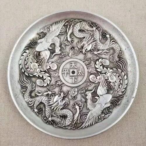 Qing Dynasty Qianlong Years World Peace Dragon and Phoenix Plate Decoration Feng Shui