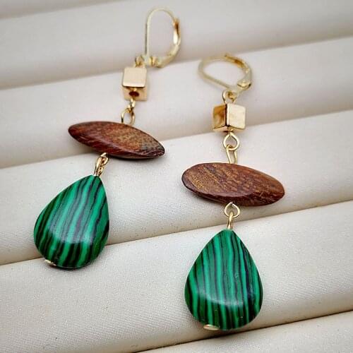 Green Stone Long Pendant Earrings Antique Wood Personality Mahogany Water Drop Watermelon Striped Stone Jewelry for Women