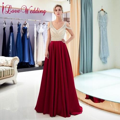 ILoveWedding Sexy V Neck Crystal Beaded Long Evening Dreses Robe De Soiree Wine Red Party Occasion Evening Gowns