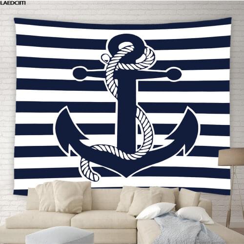 Anchor Tapestry Nautical Blue Stripes Background Wall Hanging Cloth Beach Picnic Rug Home Decor Bedspread Sheet Bedroom Curtain