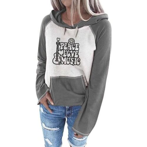 Peace Love Music Note Bird Pocket Splice Hoodies Women Femmes Mosaic color Spring Autumn Art Lover Gift Sweatshirt for Female