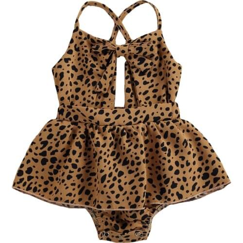 Newborn Baby Girls Rompers Leopard Printed Strapless Sleeveless Bow Belt Hollow Out Jumpsuits