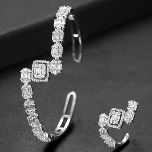 LARRAURI Trendy Luxury Baguette Stackable Bangle Ring Sets For Women Wedding AAA Cubic Zircon Dubai Silver Bracelet Jewelry