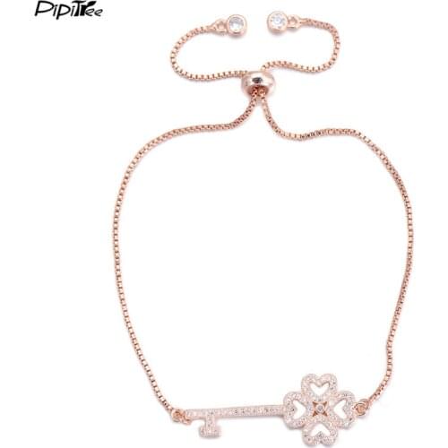 Pipitree 2017 Summer New CZ Clover Key Bracelet for Women 4 Colors Copper Chain Adjustable Crystal Bracelets Love Couple Jewelry
