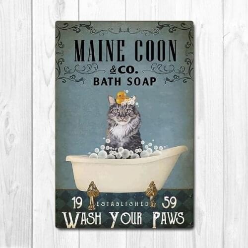 Maine Coon Wash Your Paws Poster, Cat Poster Vintage Home Bathroom Tin Metal Sign Bar Club Cafe Washroom Wall Decor Art Painting