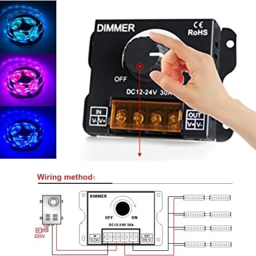Upgraded LED Dimmer PWM DC 12V-24V 30A Lighting Dimming Controller Single Channel for Led Strips 3528 5050 Single Color