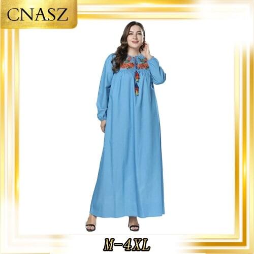 Muslim Dress Islamic Clothing Large Size Womens Moroccan Kaftan New Embroidered Denim Abaya Femme Musulman Dress