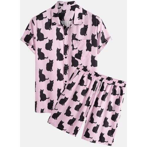 Mens Hawaiian Cat Printed Shirt Beach Set Fashion Casual High Quality Shorts 2-Piece Set Mens Set 2021 Summer