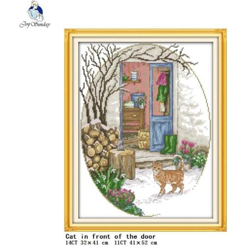 Kitten in front of the door Animal Cross Stitch Kit Aida 14CT 11CT Count Canvas Printing Embroidery Set Needlework Fabric Crafts