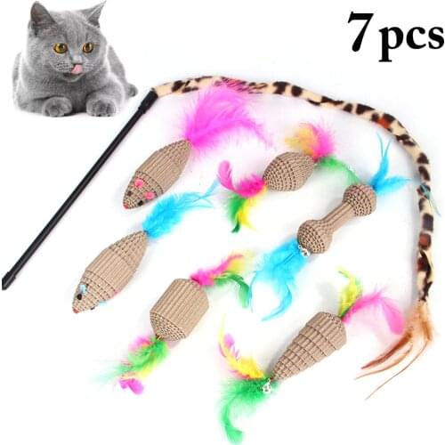 7PCS Cat Toy Set Interactive Corrugated Paper Mice Cat Feather Toy Cat Teaser Colorful Feather Plush Mini Mouse Toys for Cat