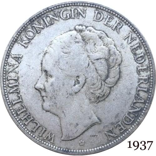 Netherlands 1937 2½ Gulden Wilhelmina I WILHELMINA KONINGIN NEDERLANDEN Cupronickel Silver Plated Copy Coin With Letter Edge