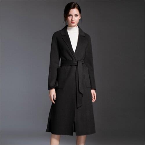 Pink Black Mid-Calf Winter Womens Woolen Outerwear Ladies Turn-Down Collar Sweet OL Classy Cashmere Coats With Pocket And Belt