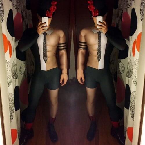 Singer Dancer Costume Male 3D False Muscle Printed Skinny Jumpsuit Elastic Leotard Party Men DJ Pole Dance Stage Wear DT1186