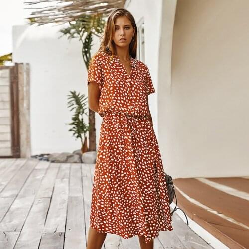 Summer Women Dress Fashion Polka Dot Print High Waist V Neck Dress Short Sleeve Single-Breasted Bohemian Midi Dresses