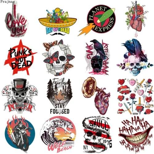 Prajna Punk Skull Heart Patch Iron On Transfers Vynil Heat Transfer Rock Biker Ironing Stickers Thermal Patches For Clothing DIY