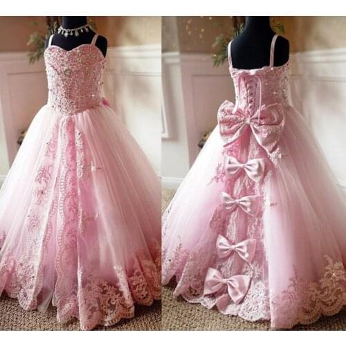 Pink girls clothes lace up back crystals rhinestones princess pageant gown spaghetti straps flower girl dress with bow