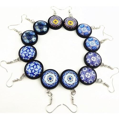 Jiangzimei 24pairs blue and white porcelain China retro black wood Glass earrings; ear pendants for girl women