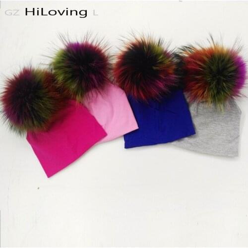 GZHilovingL 0-5 month Spring INS New Design Cotton Beanie Real Fur Raccoon Fox Fur Pompom For Little Baby Girls Boys Soft Hats