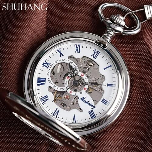 SHUHANG Fashion Automatic Mechancial Pocket Watch Pendant with FOB Chain for Men Women Gift Smooth Silver Hollow Clock Relogio