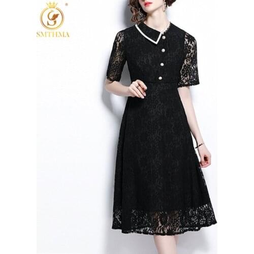 SMTHMA Ladies Black Lace Hollow Out Summer Dress For Women Short Sleeve High Waist Slim Casual Dresses New Clothes