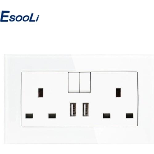 Esooli Glass Panel 13A Double UK Standard Outlet Switched With 2.1A Dual USB Charger Port Fast Charger Ports Plug wall socket