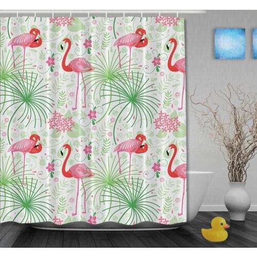Lovely Animals Shower Curtain Pink Flamingos Flowers Bathroom Curtain Waterproof Fabric Custom Shower Curtains With Hooks