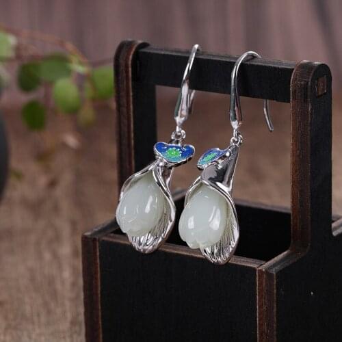 100%S925 sterling silver style ladies exaggerated large retro natural Hetian jade earrings free shipping