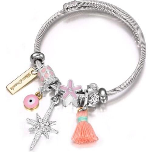 Boho Tassel Crystal Star Charms Stainless Steel Bangles For Women Ethnic Evil Eye Silver Wire Cuff Bracelet Femme Jewelry 2021