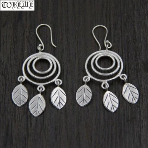 Handcrafted 100% 925 Silver Leaf Earrings Thailand 925 Sterling Women Earrings Pure Silver Bohemia Drop Earrings