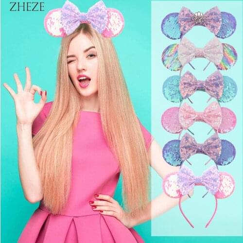 2021 Colorful Mouse Ears Hairband Trendy Headband 5" Sequin Bows Headwear Girls DIY Party Hair Accessories Gift For Women