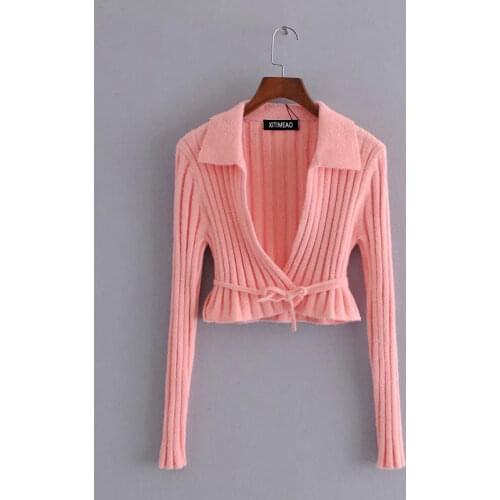 ZA Women 2021 Sweet Pink With Tied Wrap Knitted Short Sweater Vintage Long Sleeve Loose Female Outerwear Chic Tops