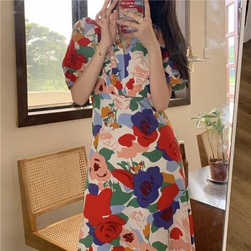 2021 New Women Summer Elegant Vintage Long Flower Dress V Neck Elastic High Waist Midi A-line Sundress