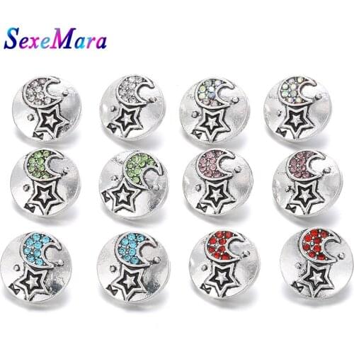 10pcs/lot New Moon Stars Metal Rhinestone Fashion Snap Buttons Jewelry Fit 12mm Snap Bangle Necklace Bracelet Buttons Jewelry