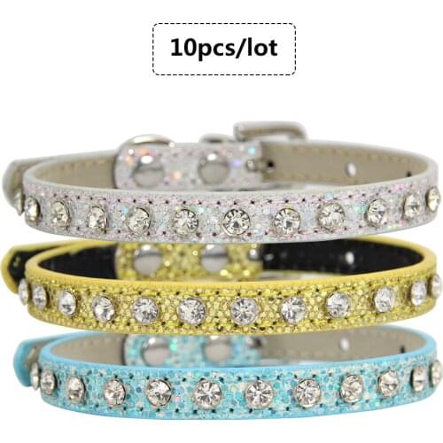 10pcs/lot Cat Collar Wholesale PU Leather Cat Collar Kitten Collar with Bling Rhinestone for Puppy Small Dog Kitty XS S M