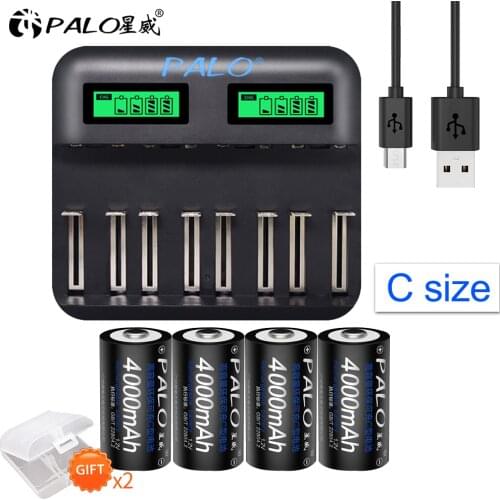PALO 4pcs C size Rechargeable Battery NiMh+USB Fast charge C D Battery Charger LCD for Size AA AAA SC C D Battery NiMh NiCd 1.2V