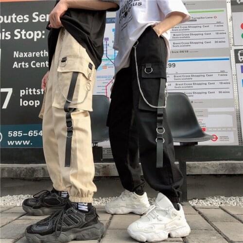 New Unisex Women Men Cargo Pants Harajuku Chain Pockets Ankle Trousers High Waist Chain Hip-hop Safari Style Harem Pants
