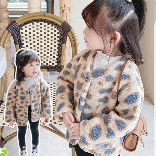 Kids Fleece Wool Coat For Girls Leopard Print Winter Childrens Outerwear Baby Kids Thickened Warm Wool Blend 2 4 5 6 7 8 Year