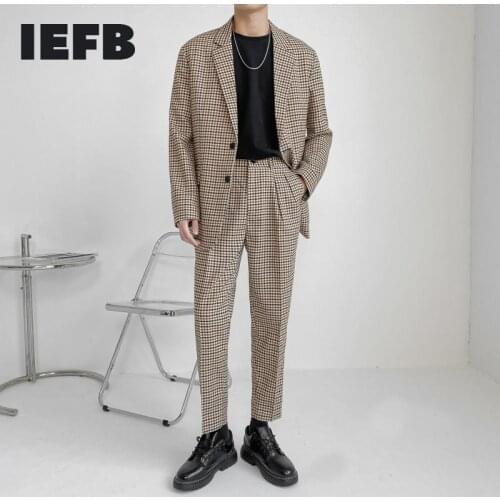 IEFB High Quality New Summer Mens Plaid Print Vintage Two Piece Suit Set For Men 2021 Single Breasted Long Sleeve Blazer 9Y8069