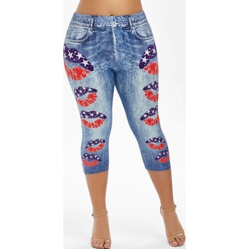 Faux Jeans Leggings Women Plus Size Calf-Length Pants Summer Breeches High Waist Jeggings Pants Stretch Printed Short Leggins A5