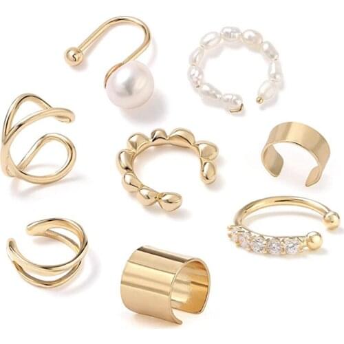 8PCS/Set Metal Ear Cuffs Mini Geometry Shape Fake Pearl Fake Nose Ring Non Pierced Earrings Women Jewelry Accessories