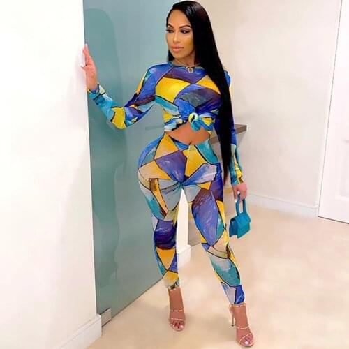 Geometric Pattern Sexy 2 Piece Matching Set Women Casualware Outfit Long Sleeve Slim T-shirt and Bodycon Trouser Co-ord Outfits