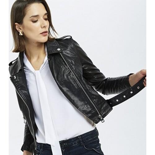 JS320J-European station autumn 2019 new womens Motorcycle Jacket Pu water wash leather Lapel short Slim small leather coat