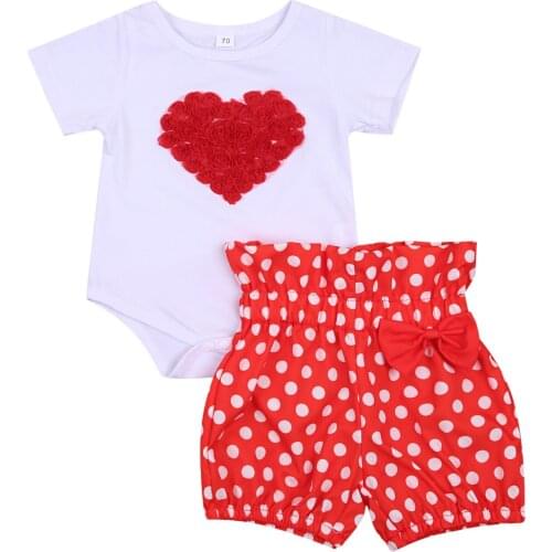 Valentines Day Newborn Infants Summer Two Piece Set Short Sleeve Heart Printing Romper Tops Dot Shorts for Baby Girl