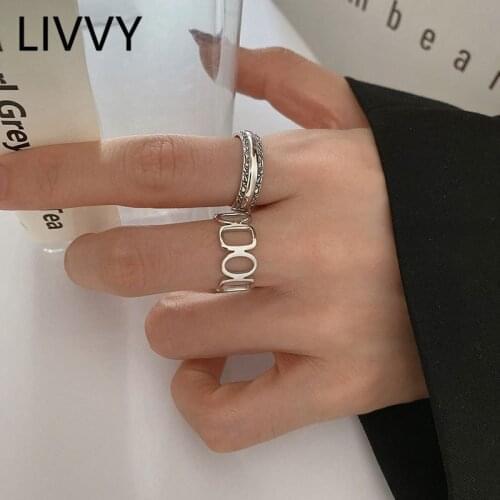 LIVVY Silver Color Creative Hollow Geometric Chain Rings for Women New Fashion Simple Handmade Party Jewelry Gifts