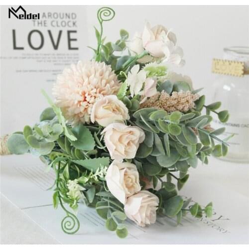 Meldel Wedding Fake Roses Bridesmaid Bouquets Artificial Hotel Table Decor Fake Silk Flower Wedding Bride Holding Floral Bouquet