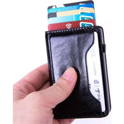 Bycobecy 2020 Men Smart Button Pop-Up Card Holder Rfid Blocking Aluminum Card Wallet Fashion Pu Leather Id Holder Carteira