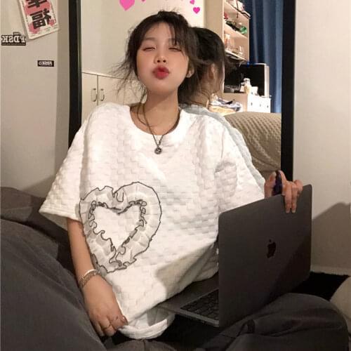 2021 new Korean version of the summer loose three-dimensional lattice lace short-sleeved T-shirt female student Harajuku style